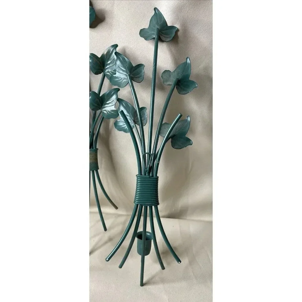 Home Interiors Pair Of Green Metallic Wall Sconce Single Candle Tapered Holder‎